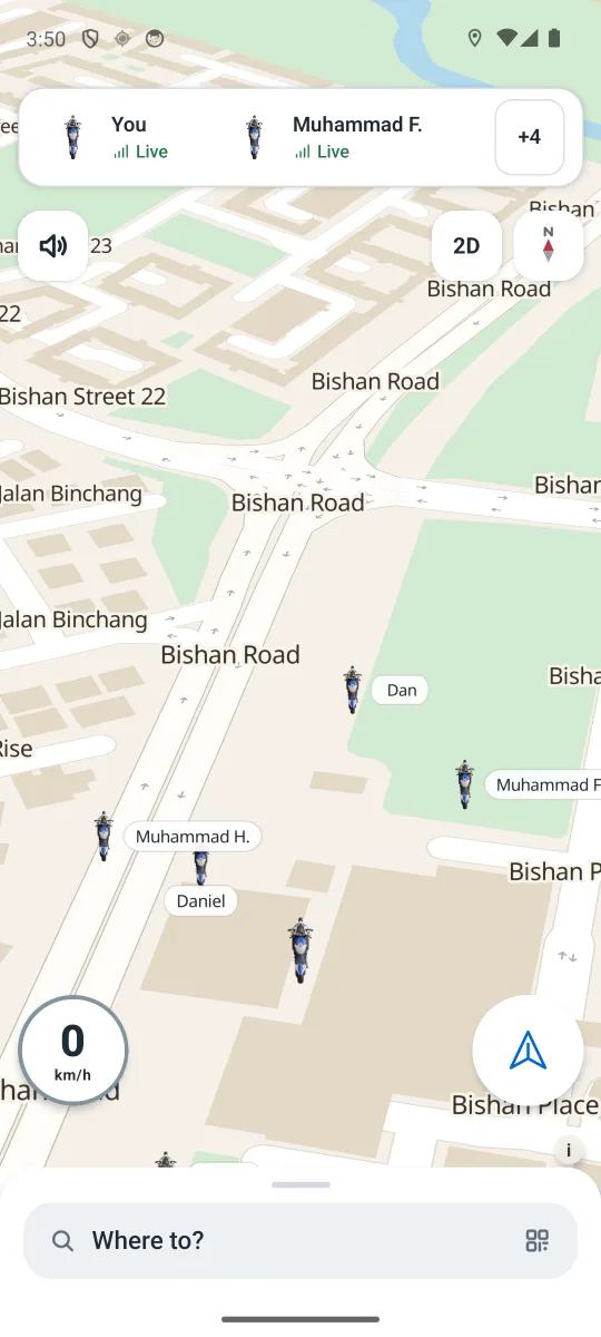The CONVOY ride screen on a phone: a day map of Bishan with you in the middle and riders around you labelled Dan, Muhammad F., Muhammad H. and Daniel; the crew strip at the top shows You and Muhammad F., both live, and four more.